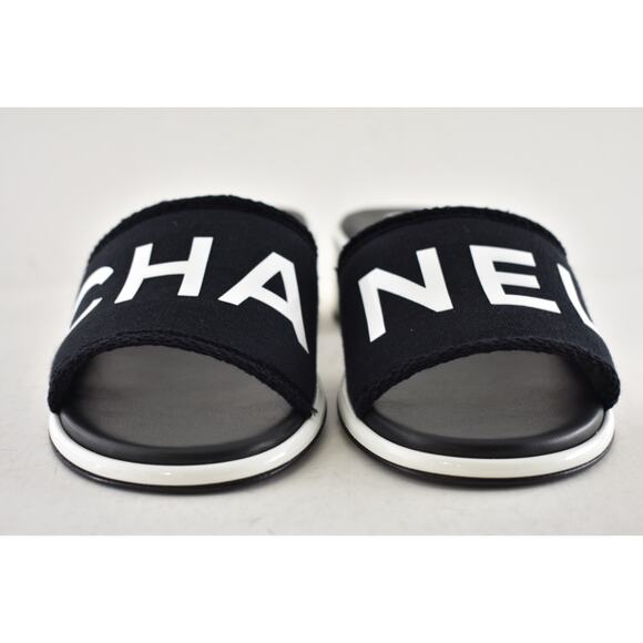 Chanel 24C Black White CHA NEL Letter Logo Mule Slide Block Heel Sandal 37.5 - Picture 7 of 15